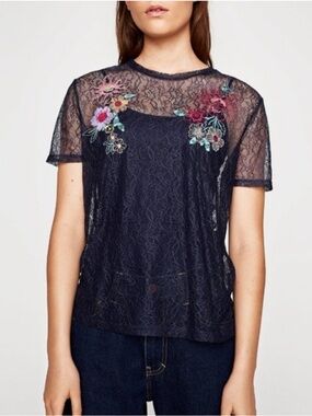 ZARA | Lace Embroidery Floral Short Sleeve Tee